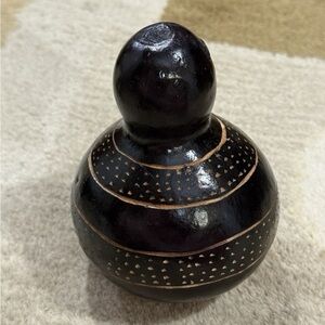 Handcrafted African Carved Gourd Rattle – Tribal Dotwork Design with Strap